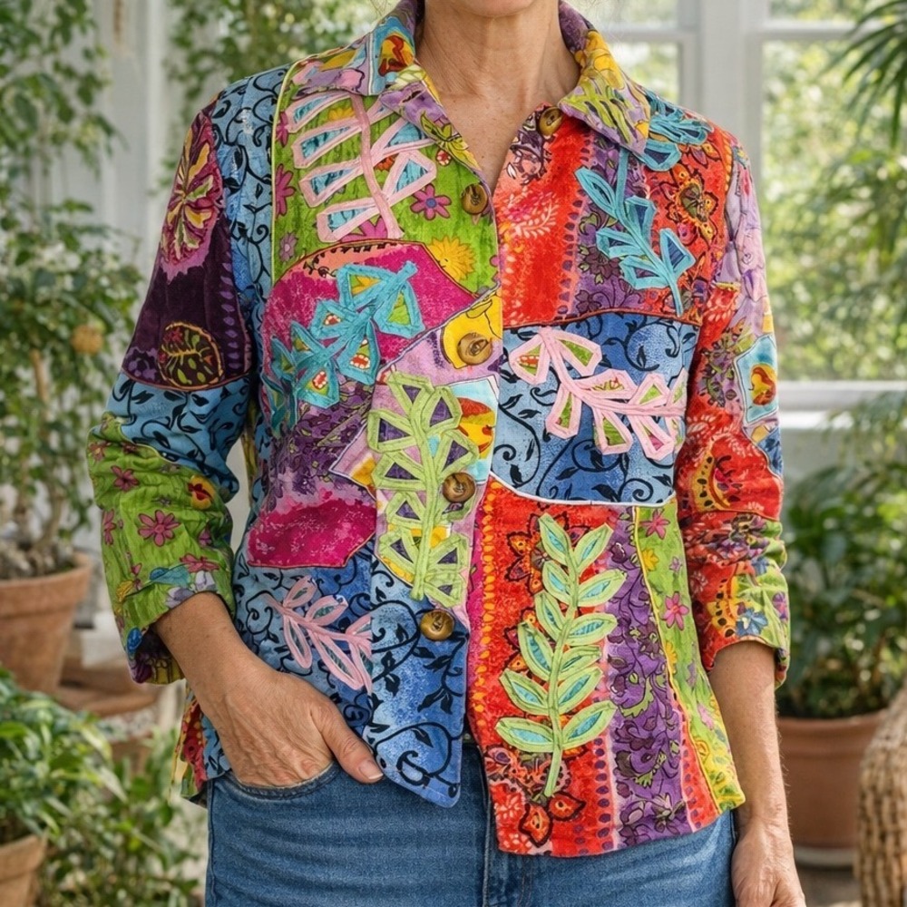 Sandy Starkman Vintage Wearable Art Patchwork Floral Jacket‎ Multi Color M Q1